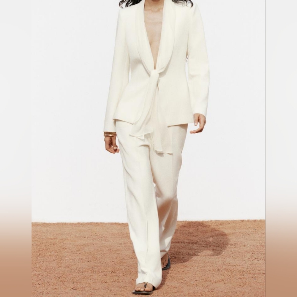 ZARA Co-ord Set KNOTTED Lapel Blazer + Pants Zw Collection OYSTER WHITE